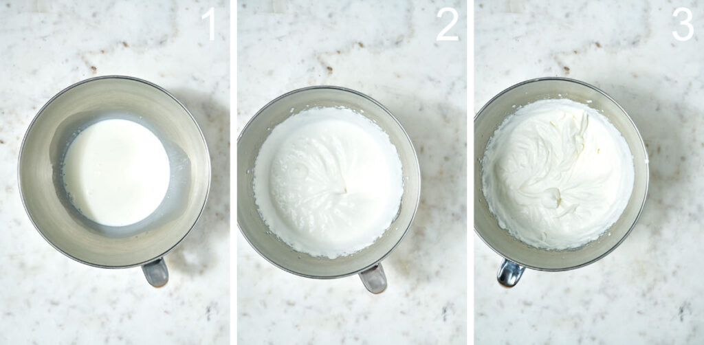 Whipped cream at different stages of whipped stiffness.