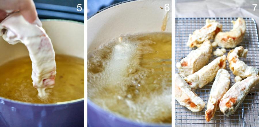 Step by step frying salmon tempura and placing it on a wire rack.