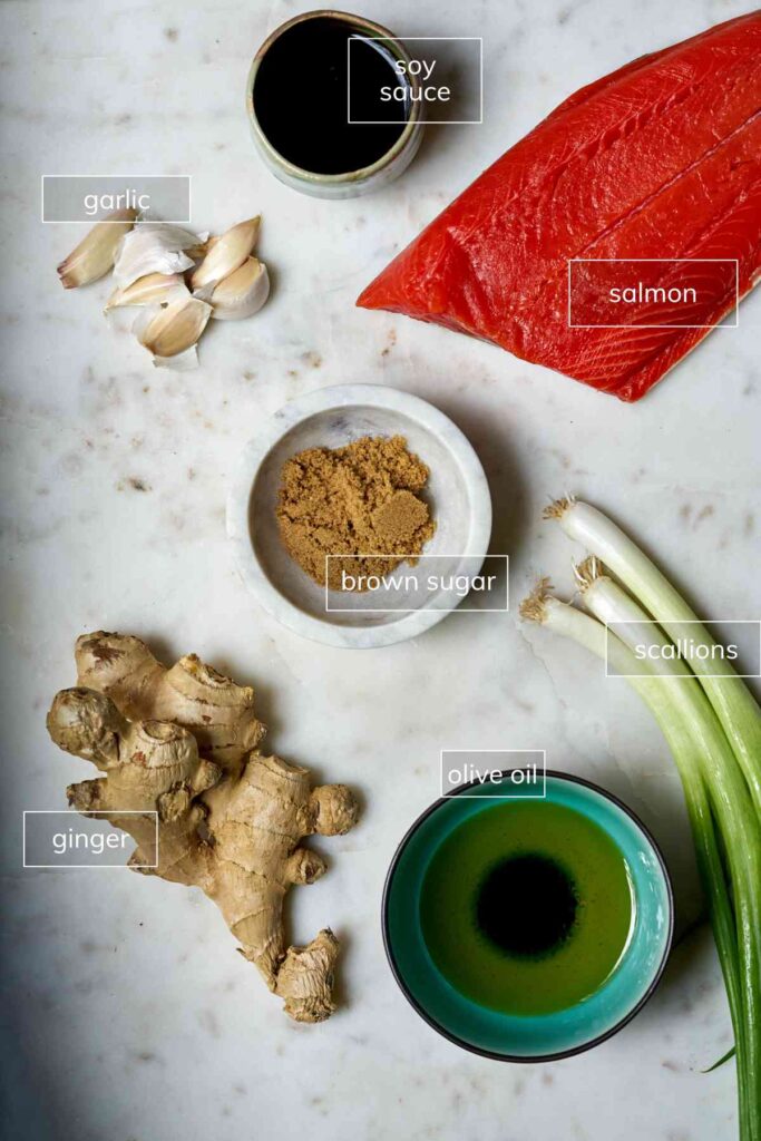 Ingredients for teriyaki style salmon including scallions, ginger, soy sauce, and brown sugar.