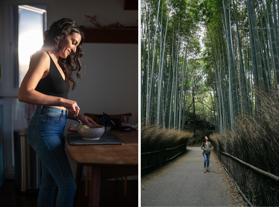 Woman in a bamboo forest next to woman cooking in kitchen.