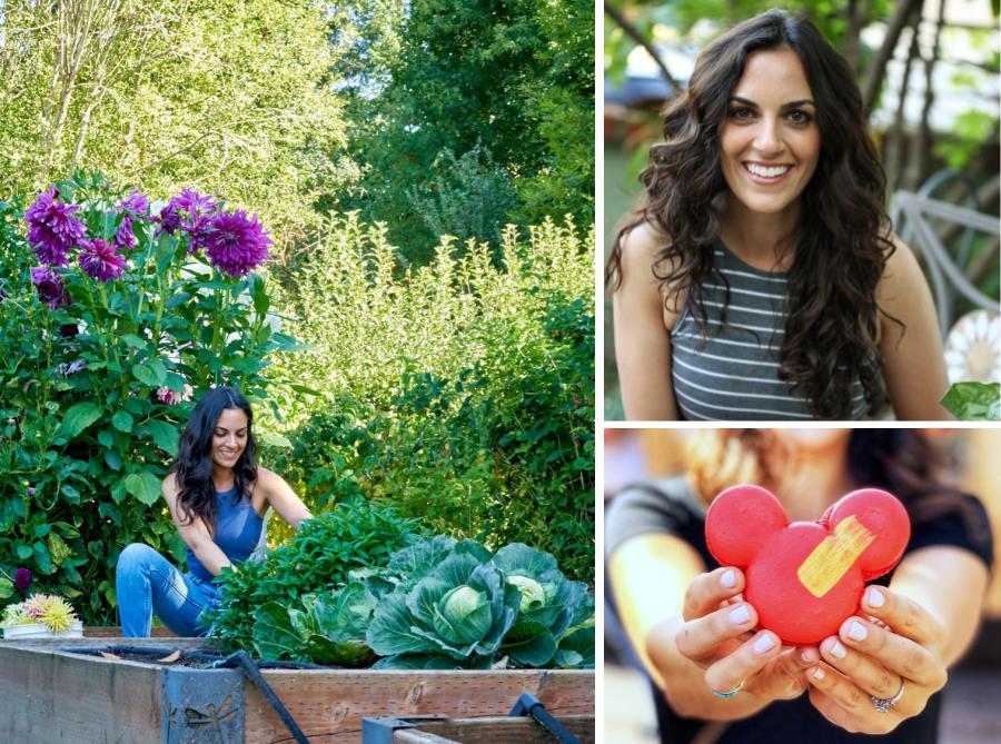 Woman in garden next to garden box.