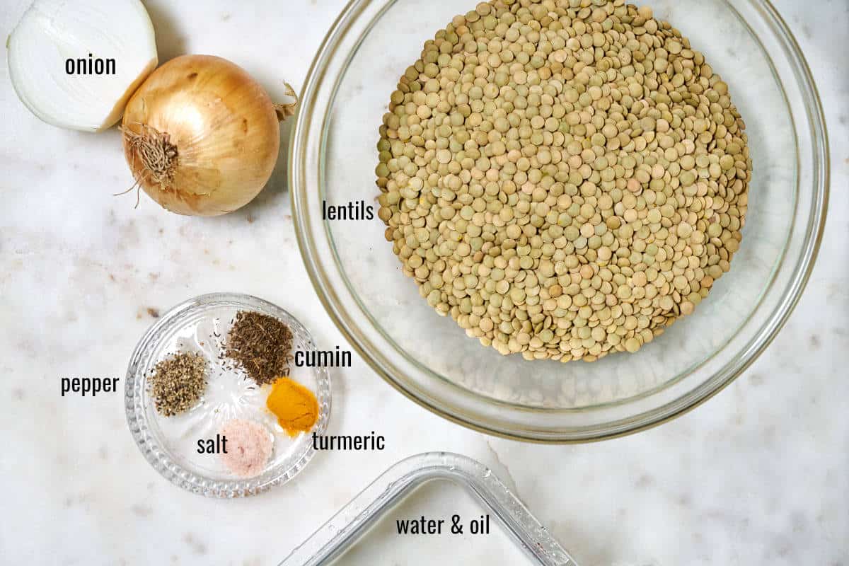 Ingredients for Persian lentils including onion and spices.