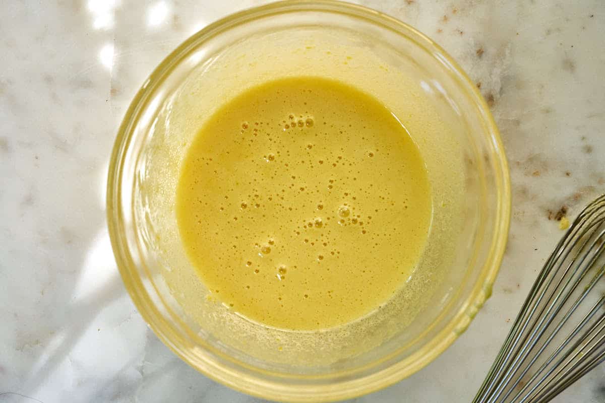 Egg yolks and sugar whisked until pale yellow.