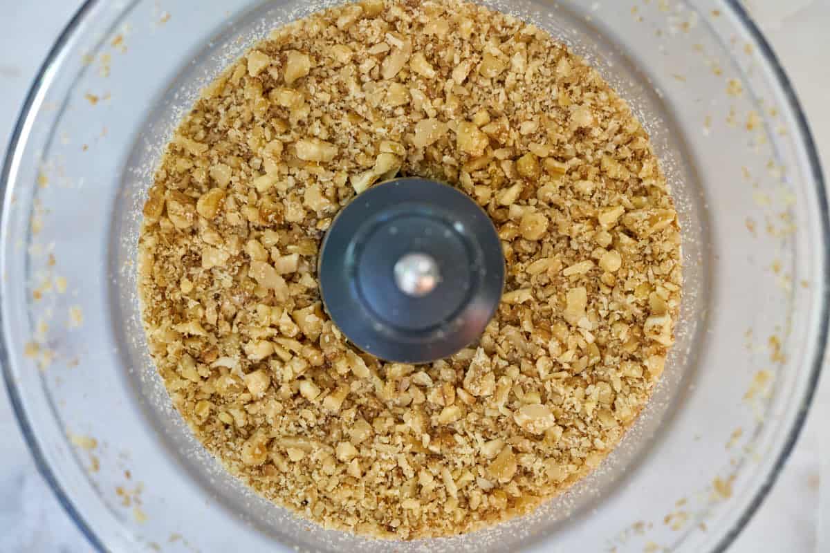 Consistency of walnuts in a food processor.