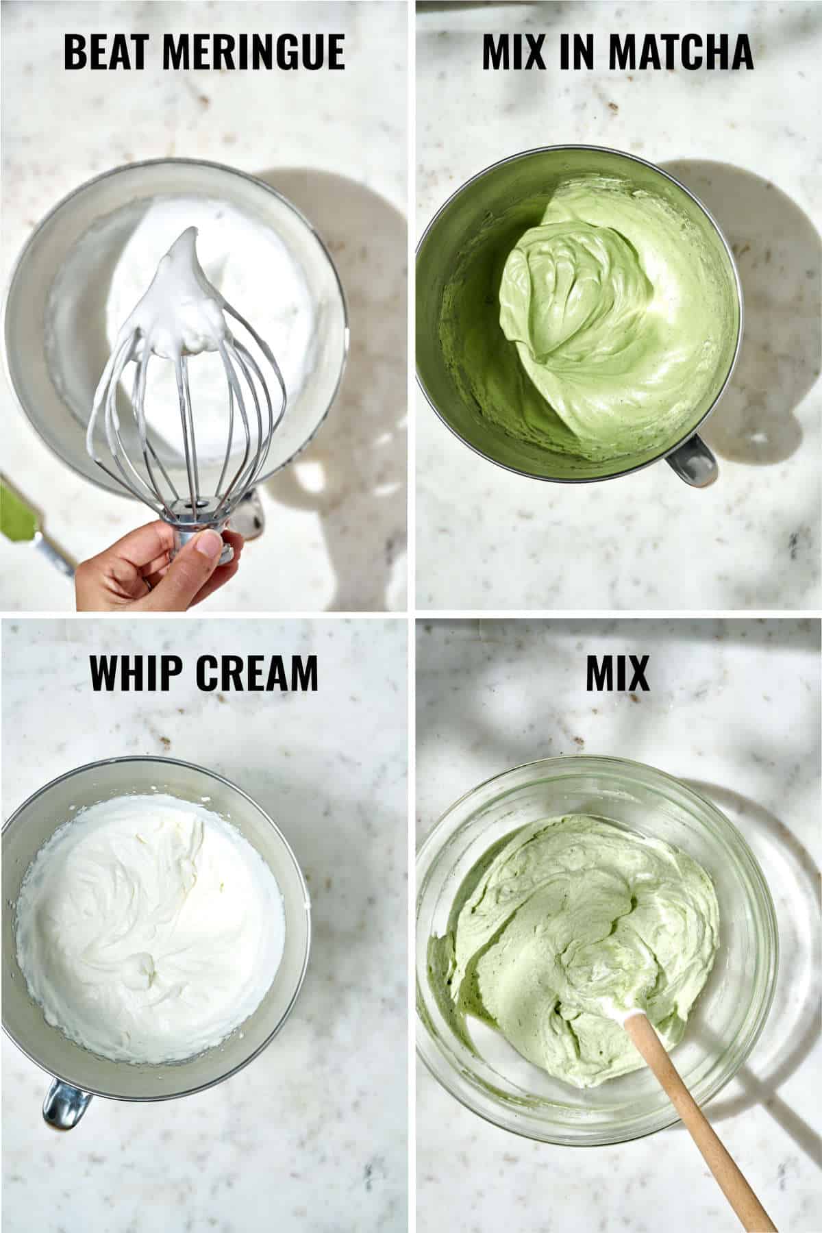 Steps to make matcha mousse with textures of meringue and whipped cream.