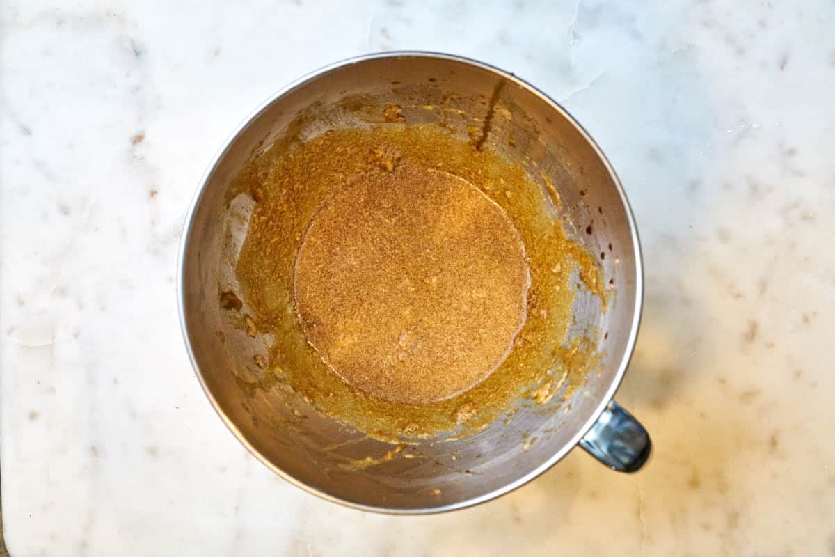 Batter in a stand mixer bowl.