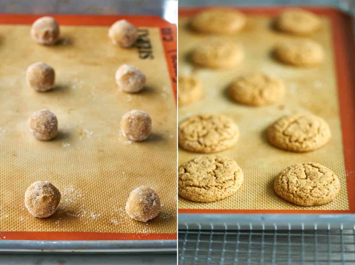 Cookies on a baking sheet before and after baking.