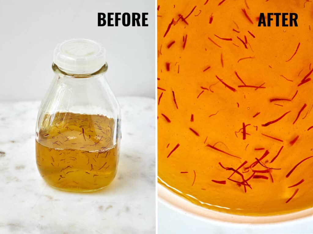 The difference in color of steeping the saffron before and after overnight.