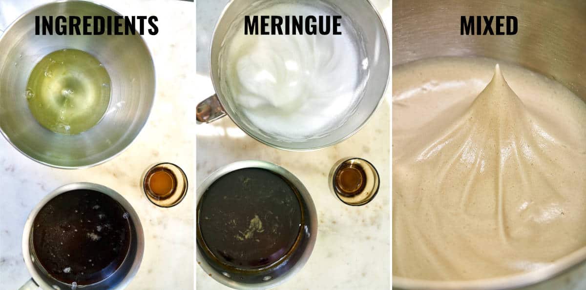 Consistency of the different stages of meringue being whipped with brown sugar and bourbon.