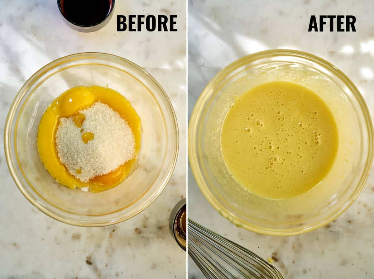 Egg yolks whisked with sugar until pale yellow.