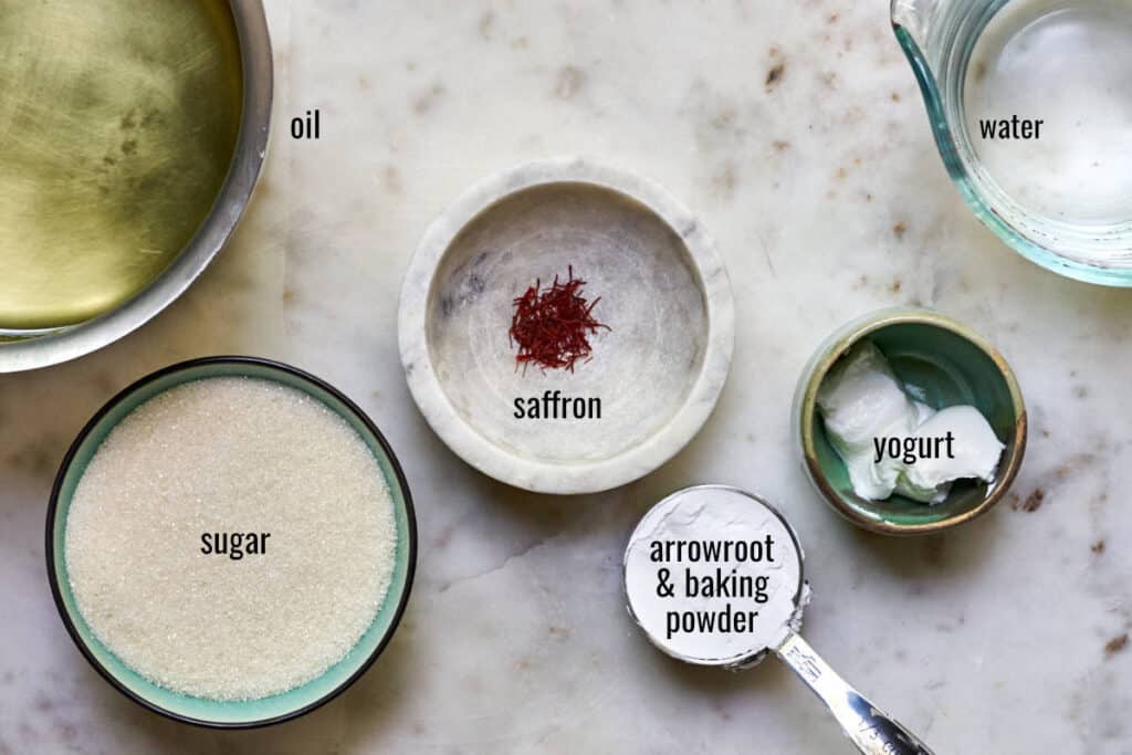 Ingredients for zoolbia on a white countertop.