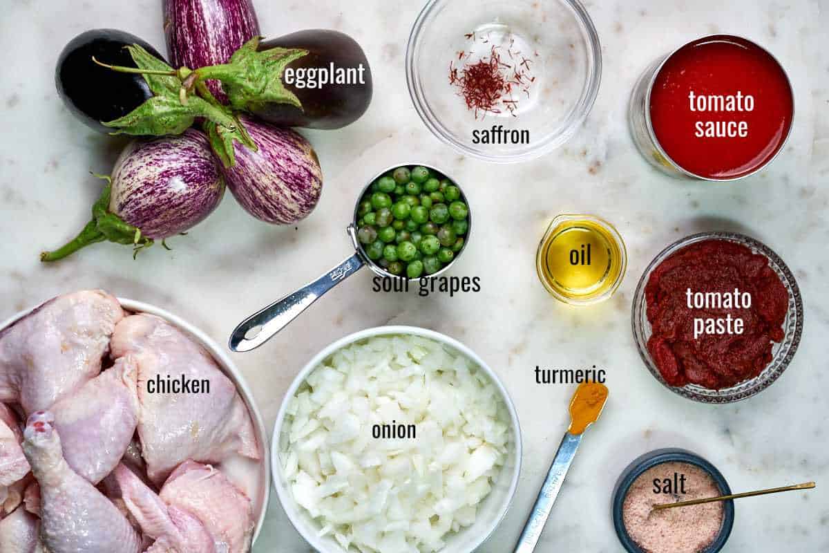 Top view of labeled ingredients on a white countertop including eggplant, chicken, and sour grapes.