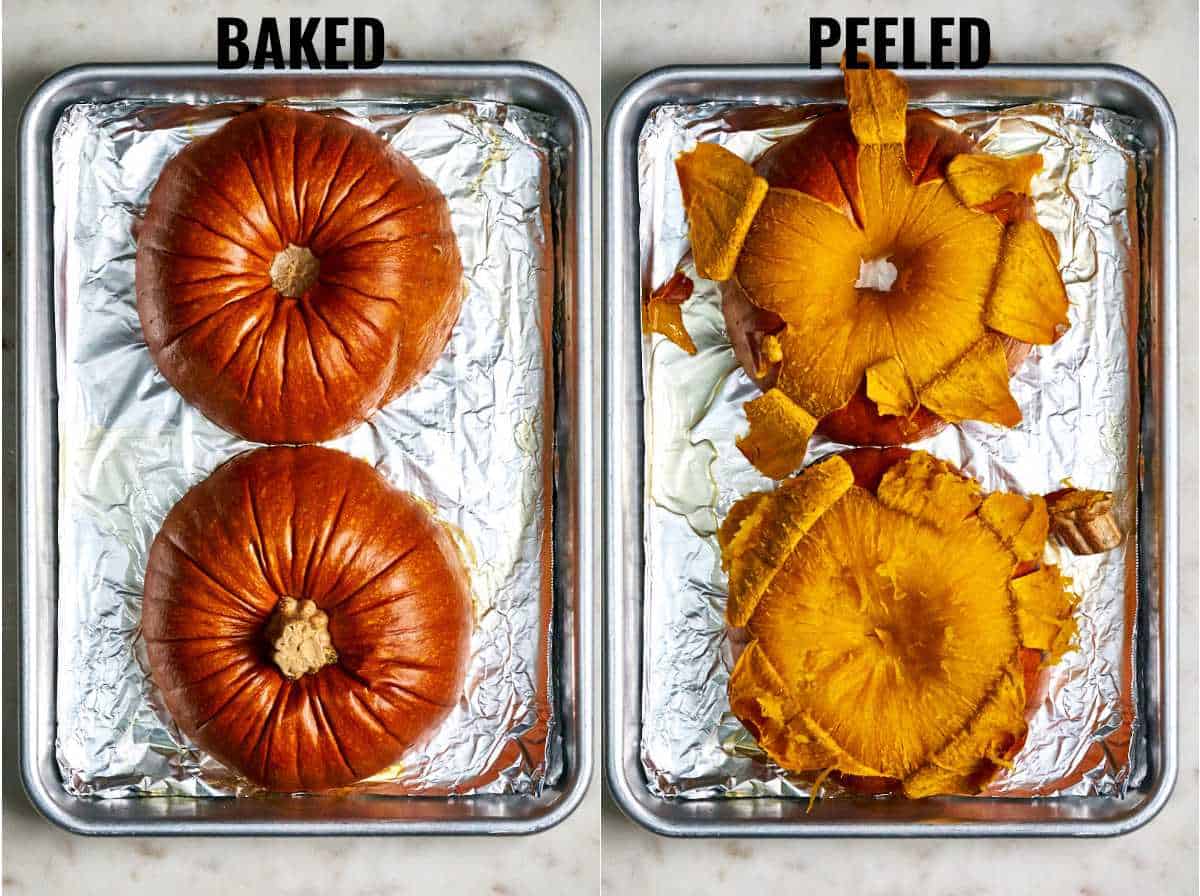 Baked pumpkin next to a peeled pumpkin.