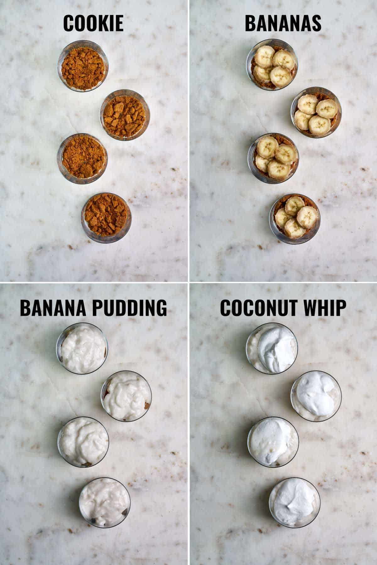 Layering banana cream pie cups with cookie, bananas, pudding, and whipped cream.