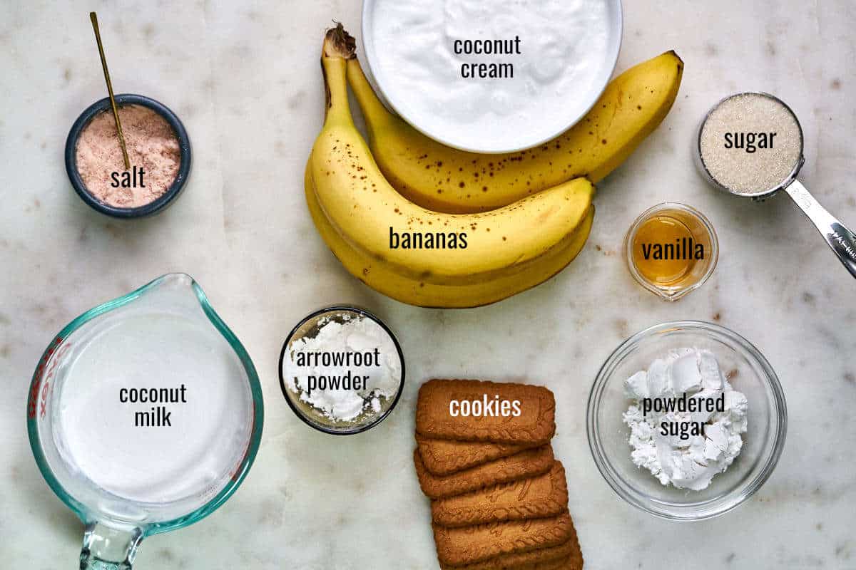 Ingredients for banana cream pie including bananas, coconut cream, cookies, thickener, sugar, and vanilla.