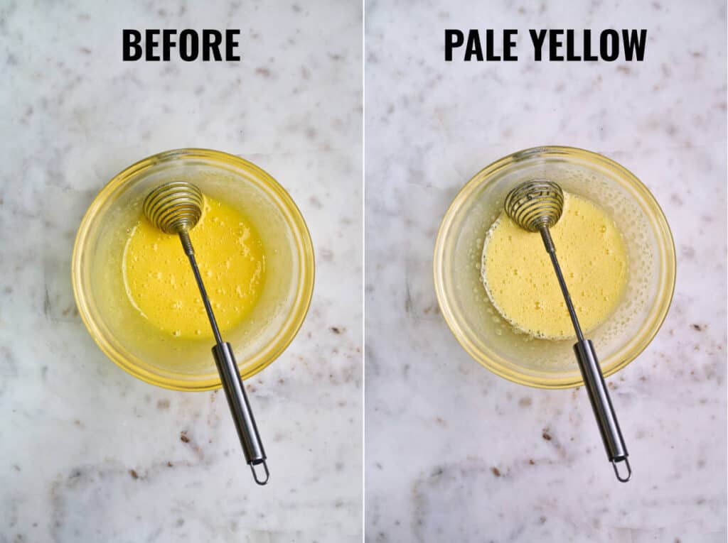 Egg yolks beaten to pale yellow in comparison to bright yellow.