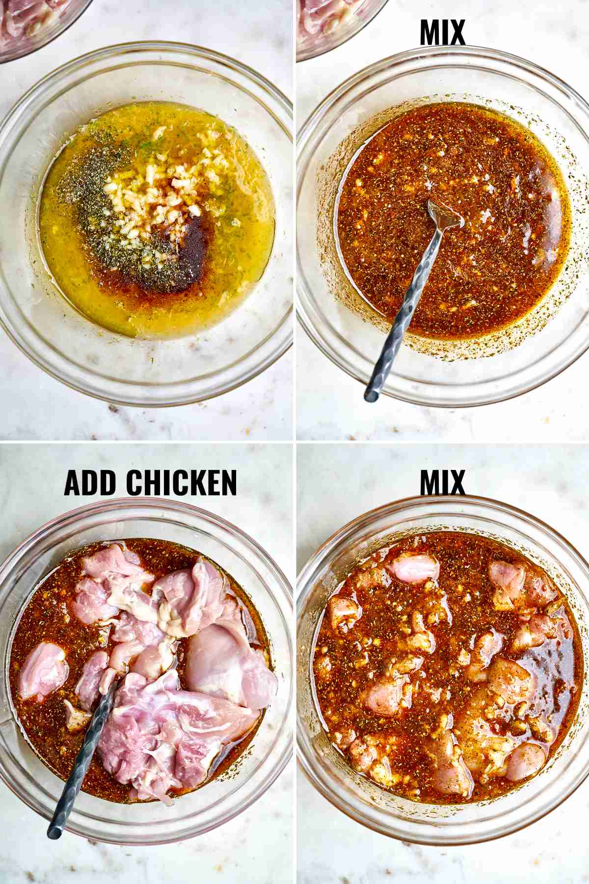 Mixing chicken and a marinade in a glass bowl.