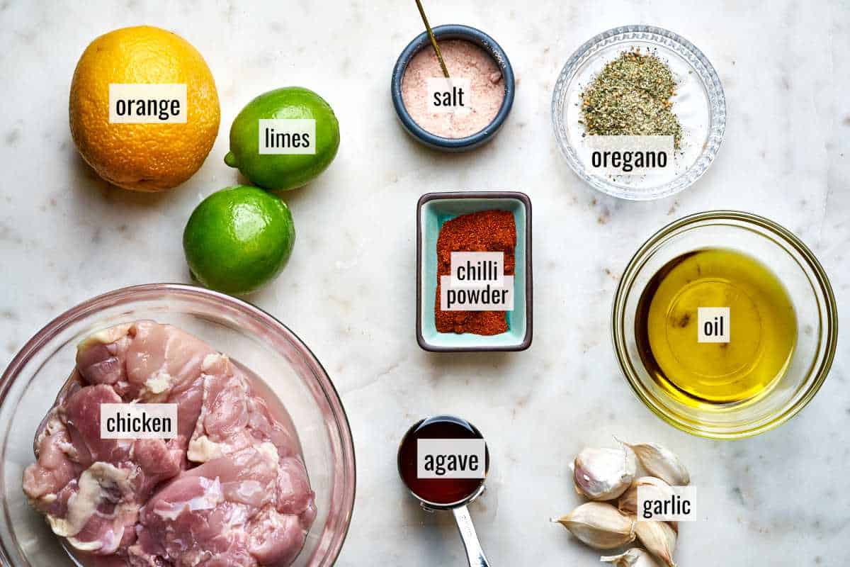 Labeled ingredients on a white countertop.