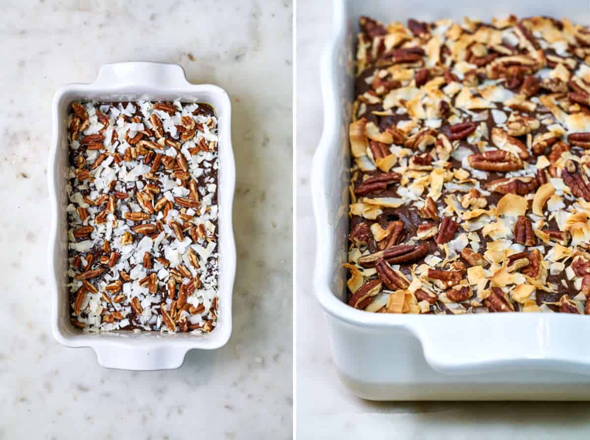 Cake in a white baking dish covered in pecans and coconut before and after baking.