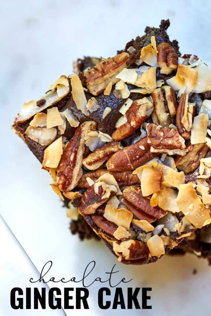 Top view of two slices of cake covered in coconut and pecans with title text.