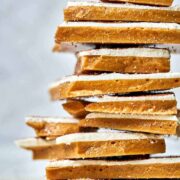 Front view of a stack of Toffee layered with white chocolate.