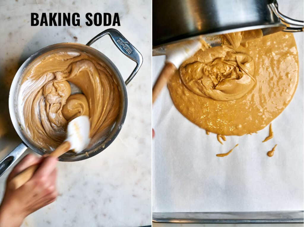 Mixing baking soda into toffee and pouring it on a sheet pan.