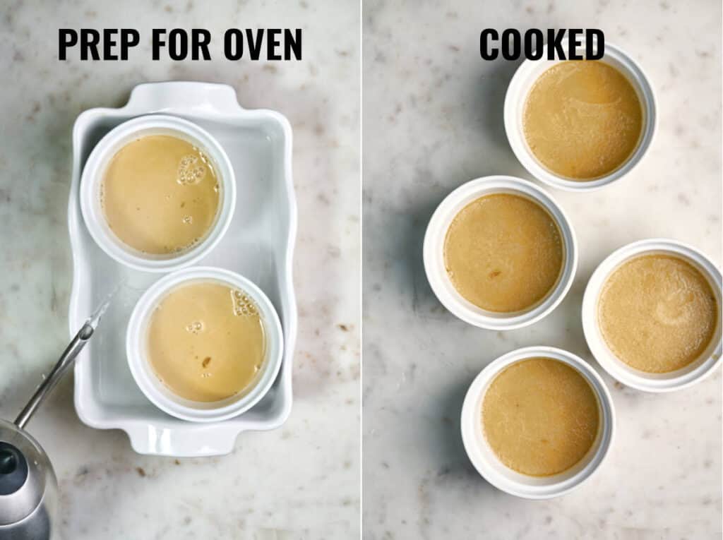 Pouring water into a baking dish with ramekins next to cooked creme brulee.