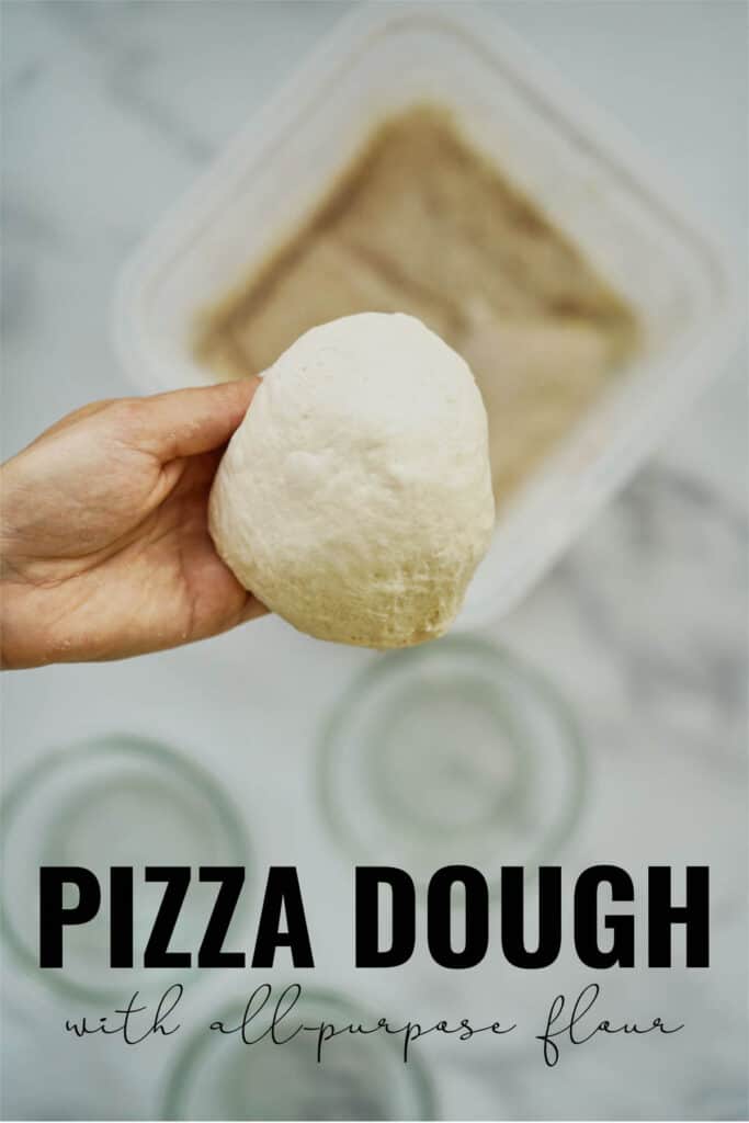 Hand holding a ball of pizza dough with title text.