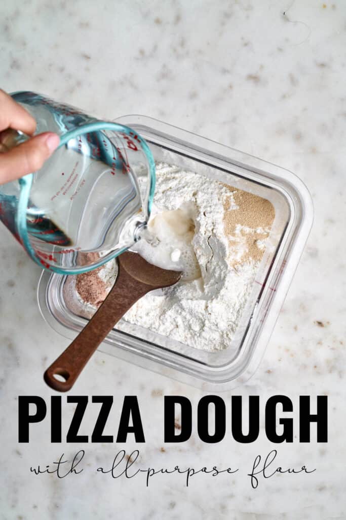 Pouring water into a container with flour, yeast, salt, and a wooden spoon with title text.