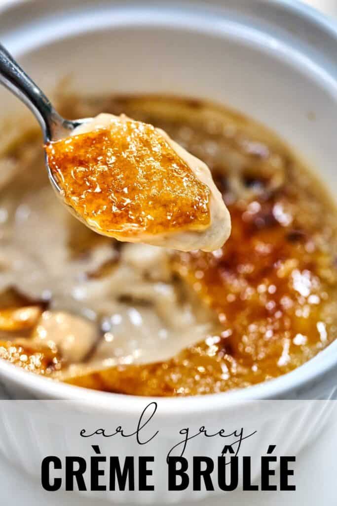 Close up of a bite of creme brulee on a spoon with title text.