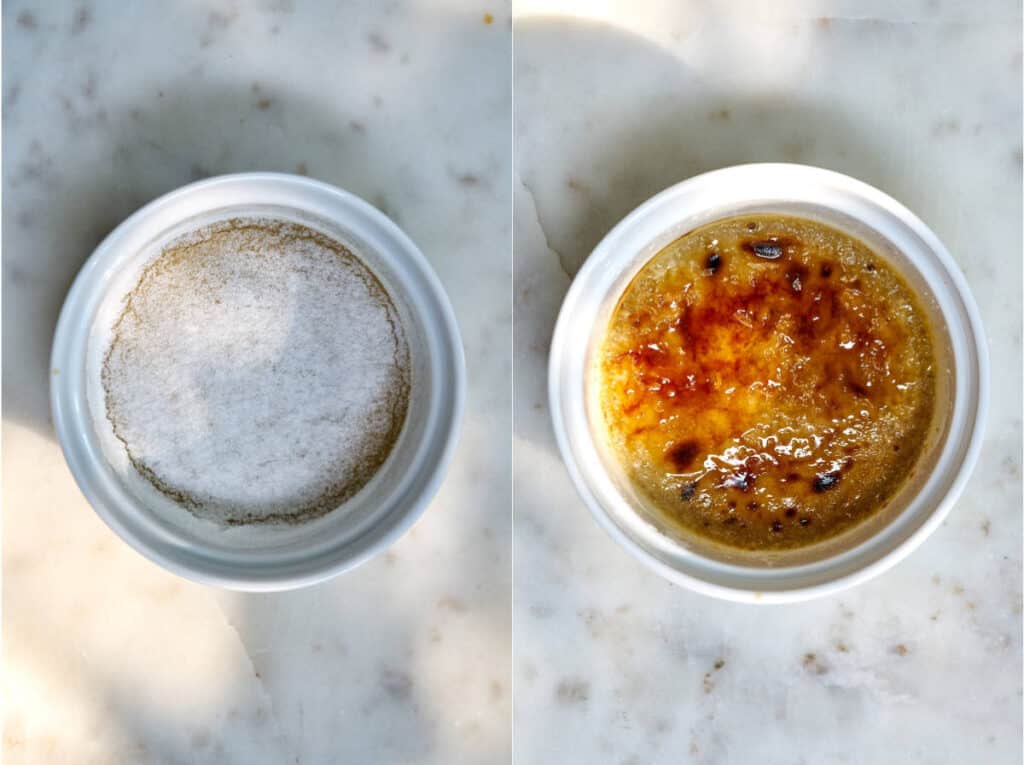 Before and after creme brulee has been torched or bruleed.