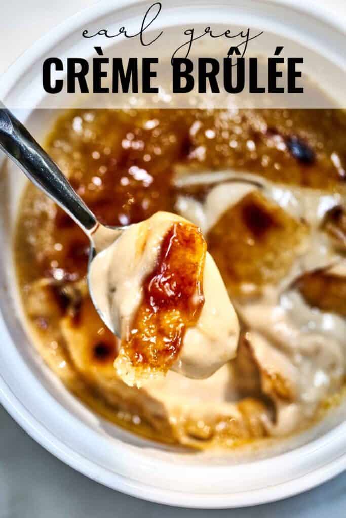 Top view of creme brulee on a spoon with title text.