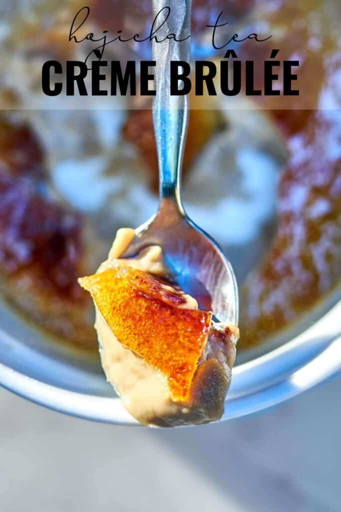 Top view of creme brulee on a spoon resting on a ramekin with title text.