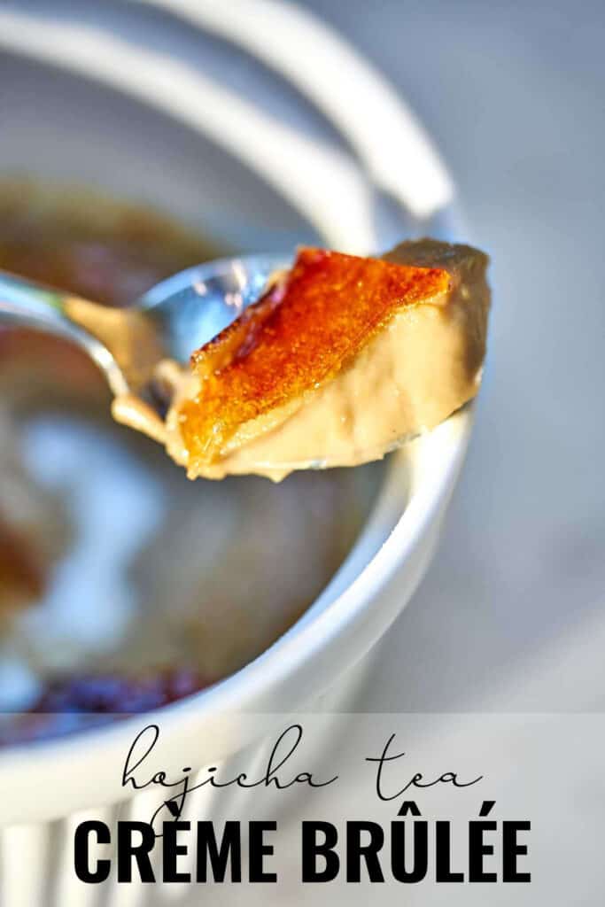 Spoon with custard and creme brulee sugar topping leaning on a ramekin with title text.
