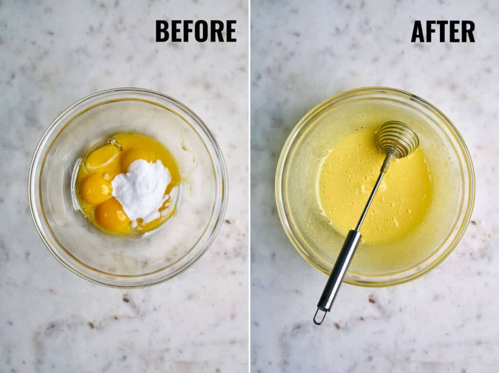 Egg yolks whisked until pale yellow with sugar.