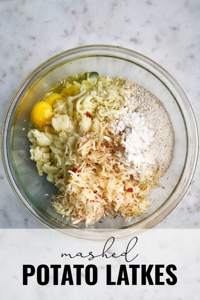 Latke ingredients in a glass bowl with title text.