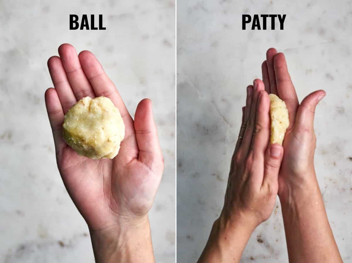 A ball of potato mixture in a hand and then two hands flattening it into a patty.