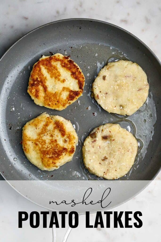 Four latkes in a fry pan with title text.