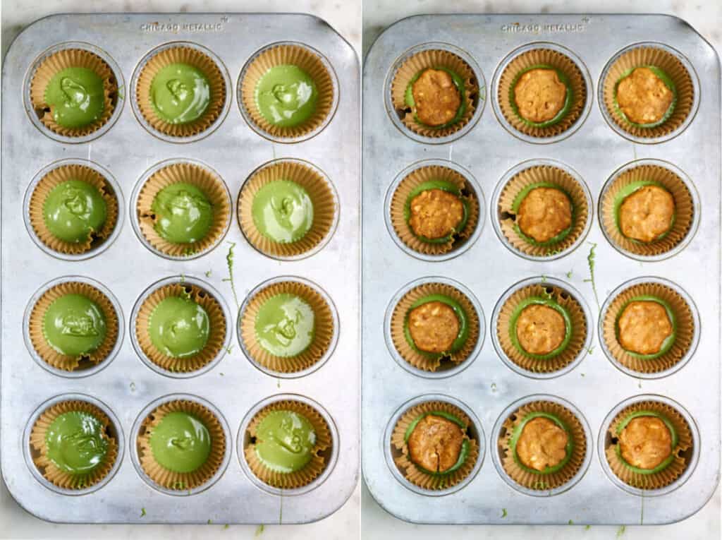 Cupcake tin with matcha white chocolate next to a muffin tin with peanut butter.