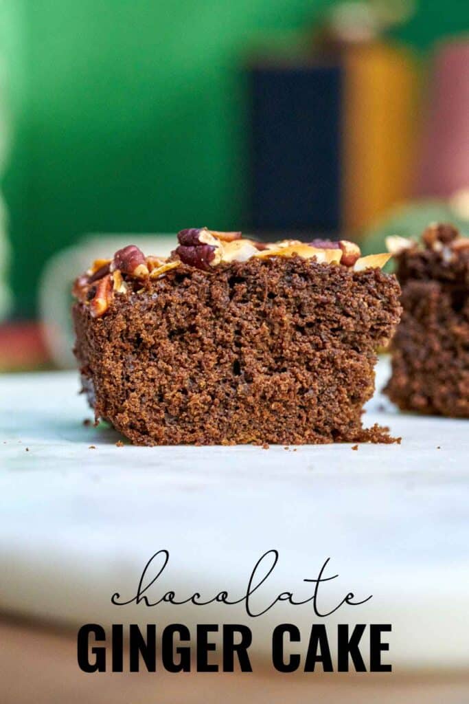 Front view of one piece of cake on a white table with green background with title text.