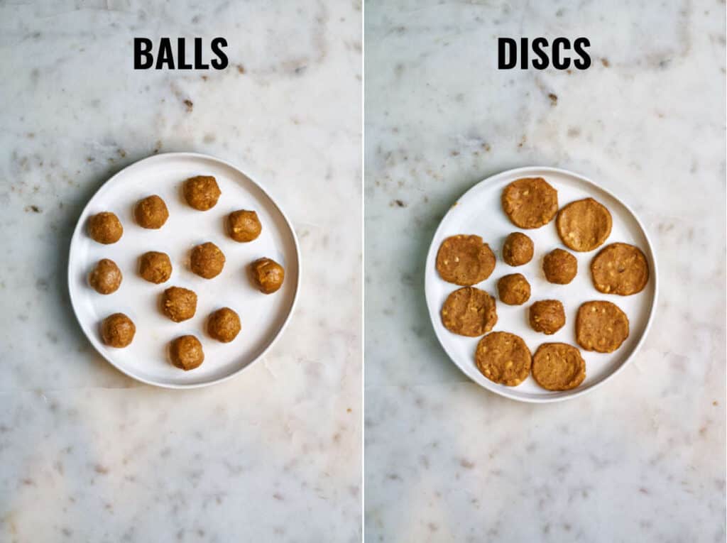 Peanut butter rolled into balls and then flattened into discs on a white plate.