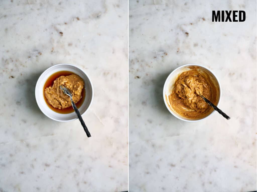 Peanut butter and maple syrup mixed together in a bowl.