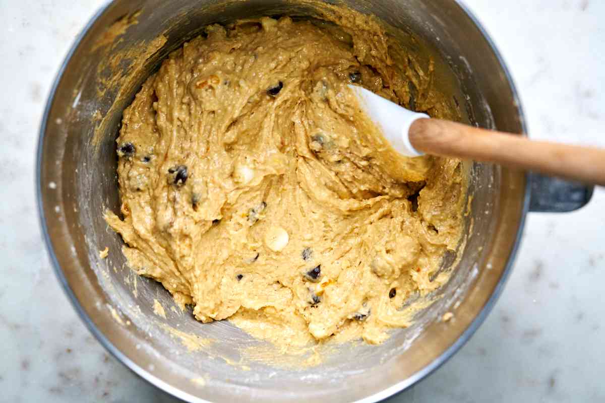 Batter with chocolate chips in a mixing bowl.