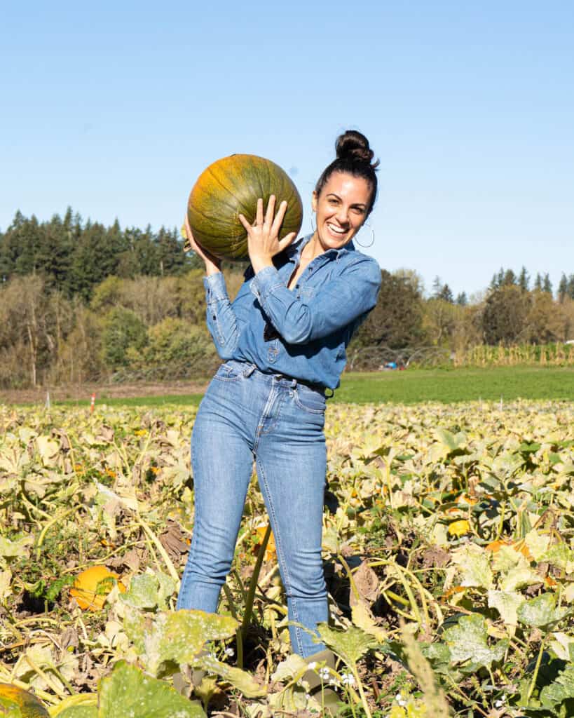 Woman holding a large pumpkin in a pumpkin patch.