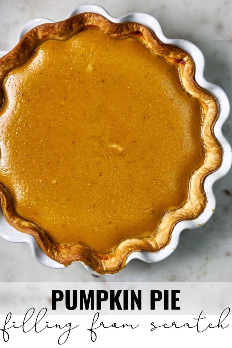 Top view of pumpkin pie with title text.