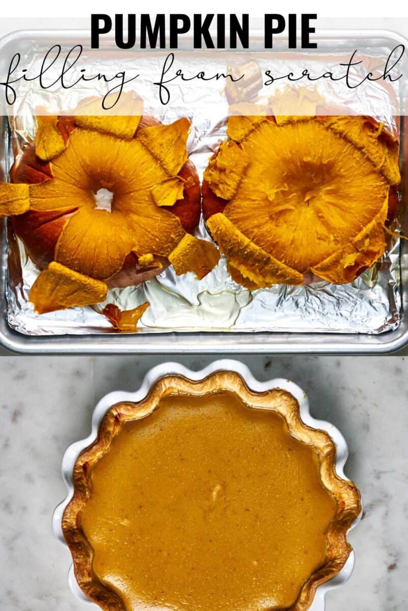 Peeled roasted pumpkin next to a pumpkin pie with title text.