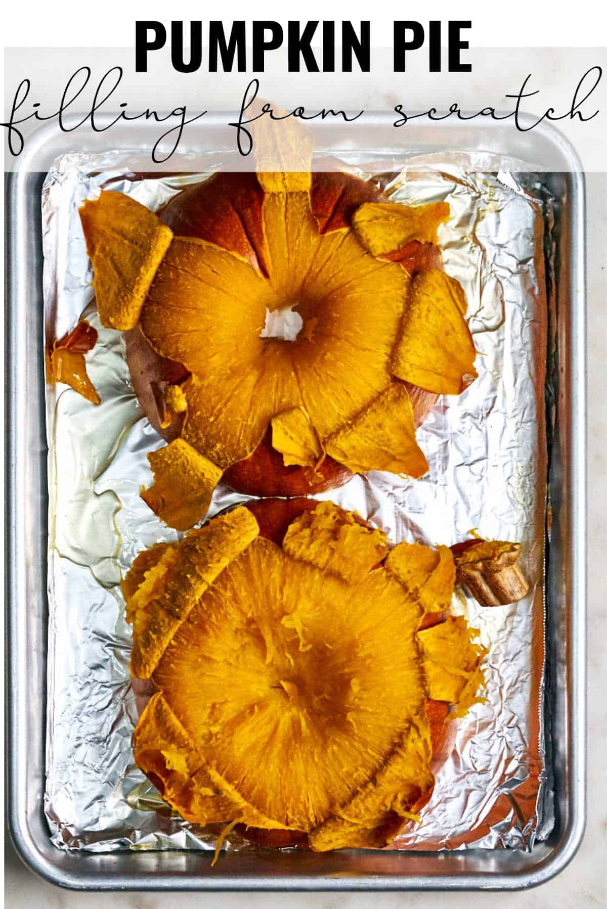 Peeled roasted pumpkin on a sheet pan with title text.