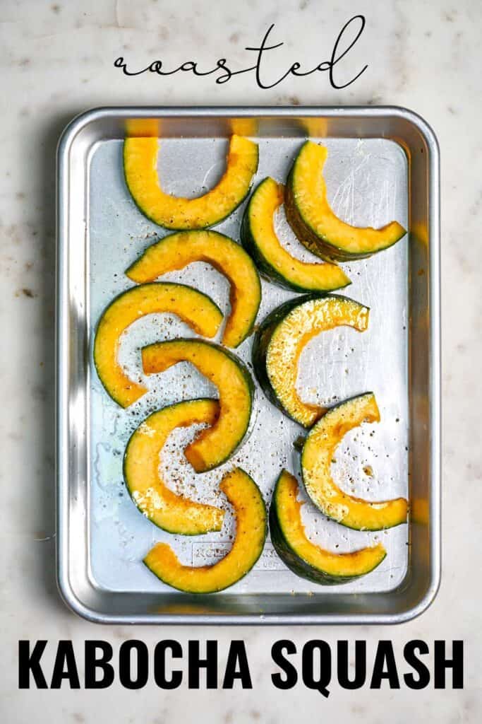 Sheet pan with kabocha squash and title text.