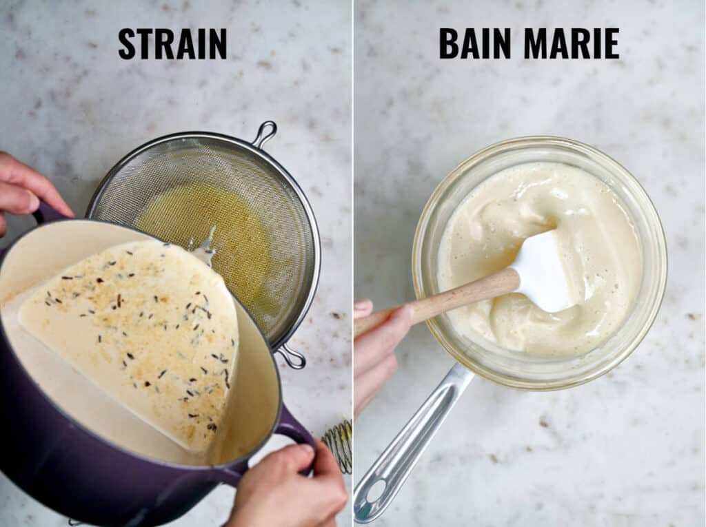 Straining custard and putting it over a bain marie.