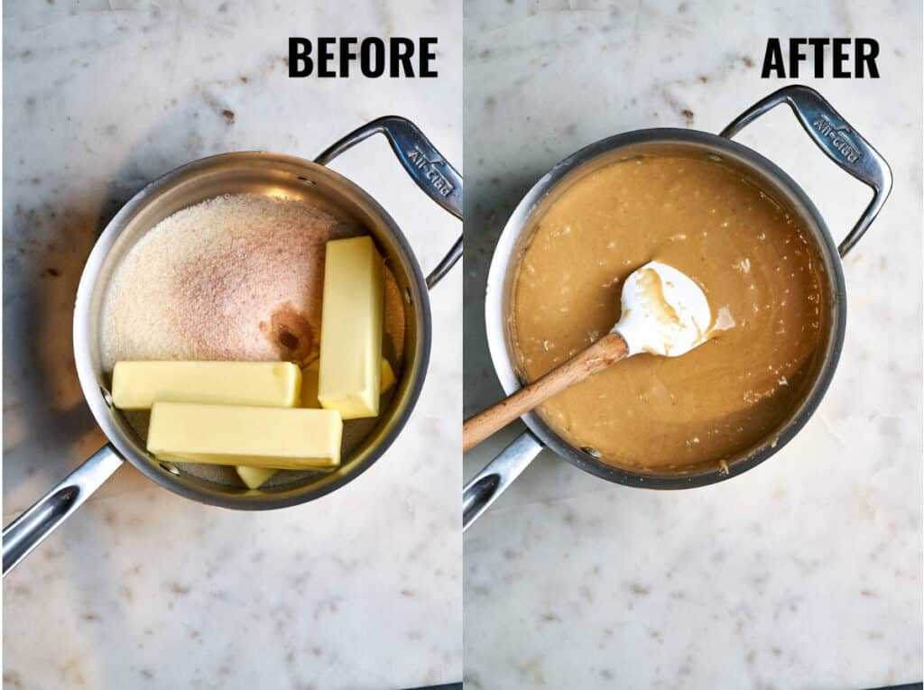 Melting butter and sugar in a pot and cooking to the consistency of melted toffee.